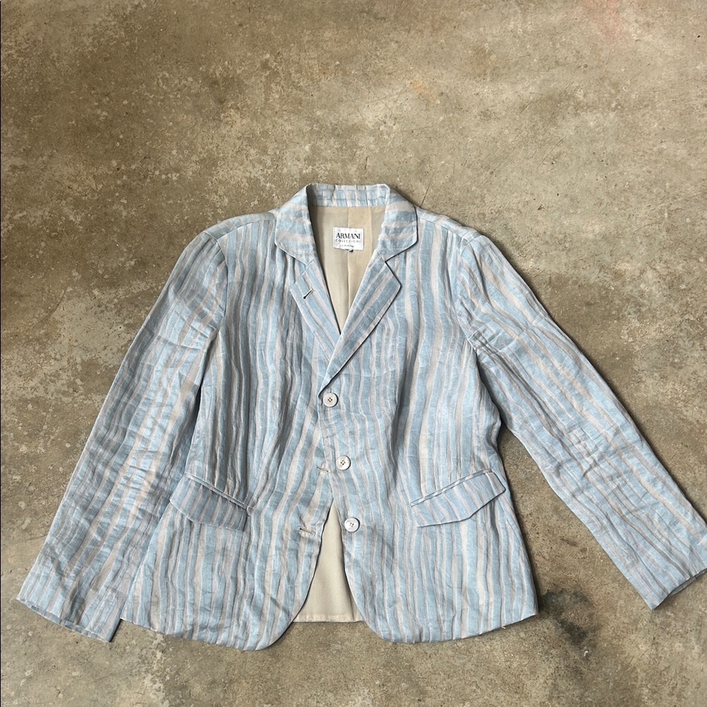 Armani Collezioni Women's Light Blue Striped Silk Blazer